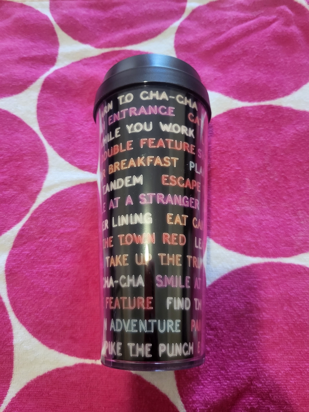 Kate Spade Black Thermal Tumbler with Multicolor Lettering